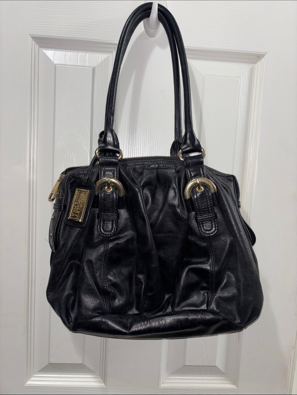 Badgley Mischka Black Leather Double-Handle Shoulder Bag with Gold Hardware